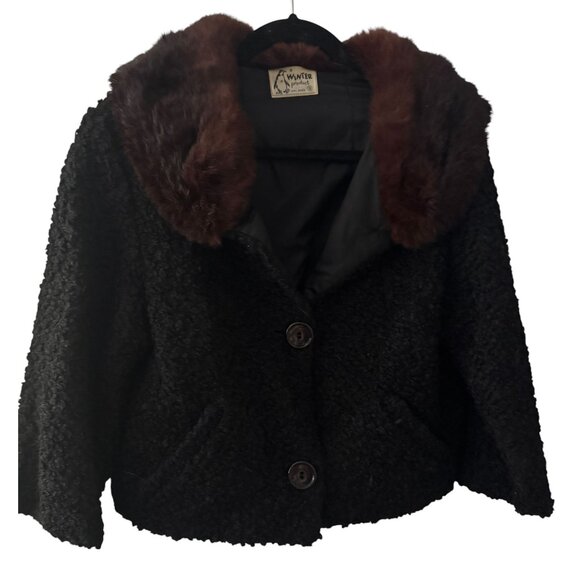 Jacket Black Curly Lamb Brown Fur Collar & Button Closure Small 1950 - Picture 12 of 14